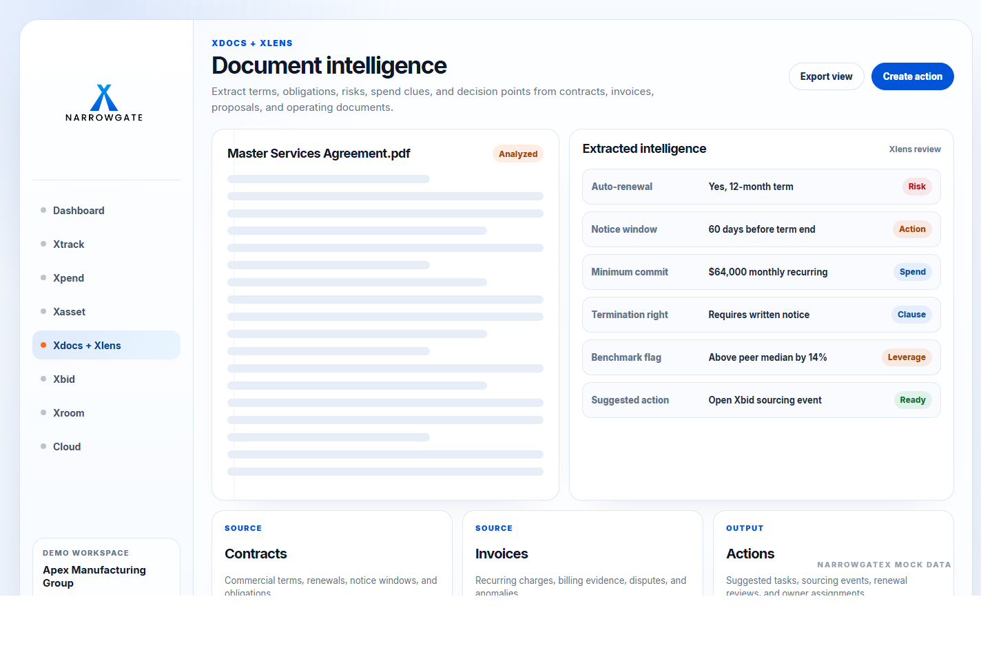 NarrowGateX Xlens document intelligence screen extracting terms, notice windows, commitments, and actions.