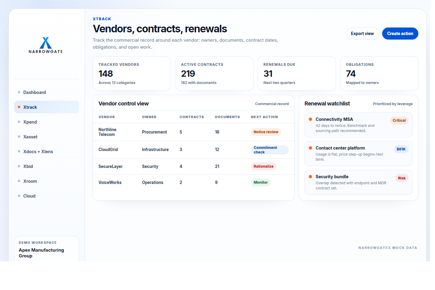 NarrowGateX Xtrack screen showing vendor, contract, renewal, document, and ownership records.